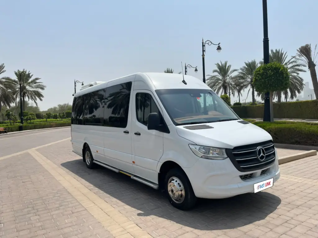 White Mercedes Sprinter van for luxury rental in Dubai with professional chauffeur